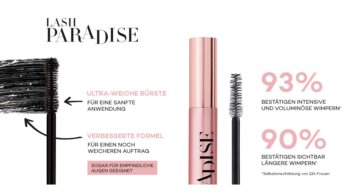 Lash Paradise Mascara geöffnet und geschlossen mit Informationen zur Anwendung und Kundenzufriedenheit